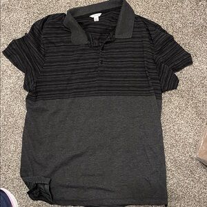 Calvin Klein Men's Black and Gray Striped Polo Shirt large